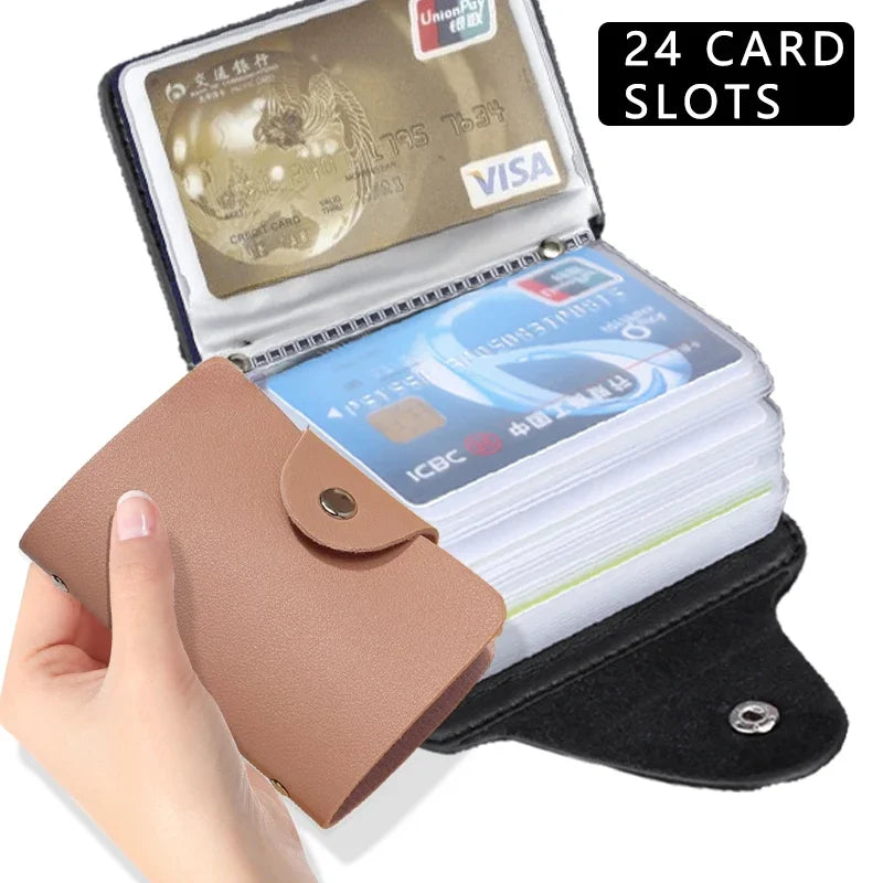 New 24 Slots Bits Card Holder Bag Simple Solid Color Pocket Case Women Men Credit ID Card Organizer Leather Cardholder Wallet