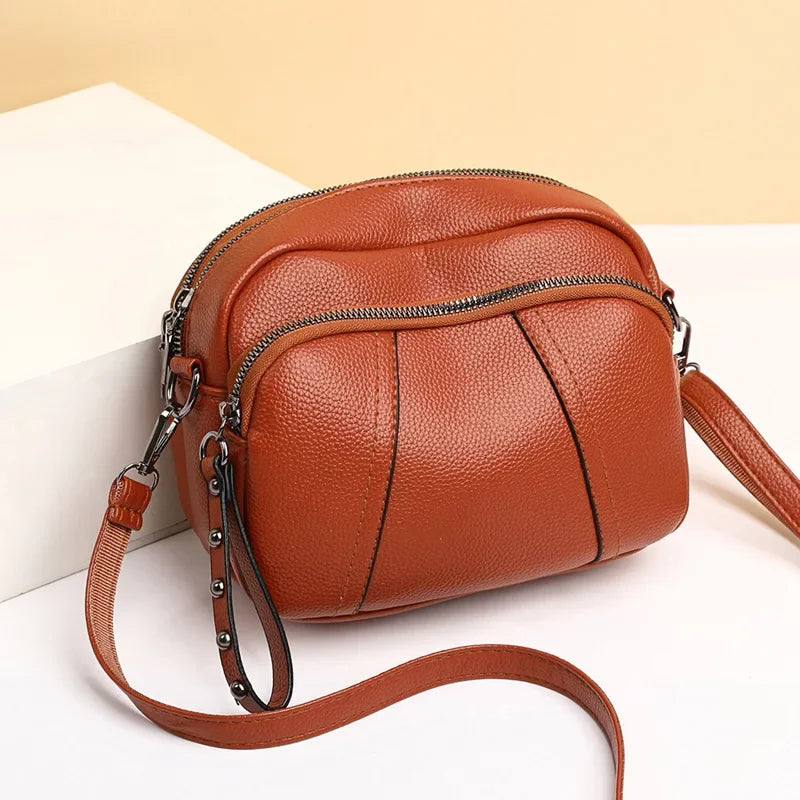 Solid Color Fashionable Rivet Zipper Women's Mobile Phone Bag Simple Soft Leather Shoulder Crossbody Small Square Bag Handbag