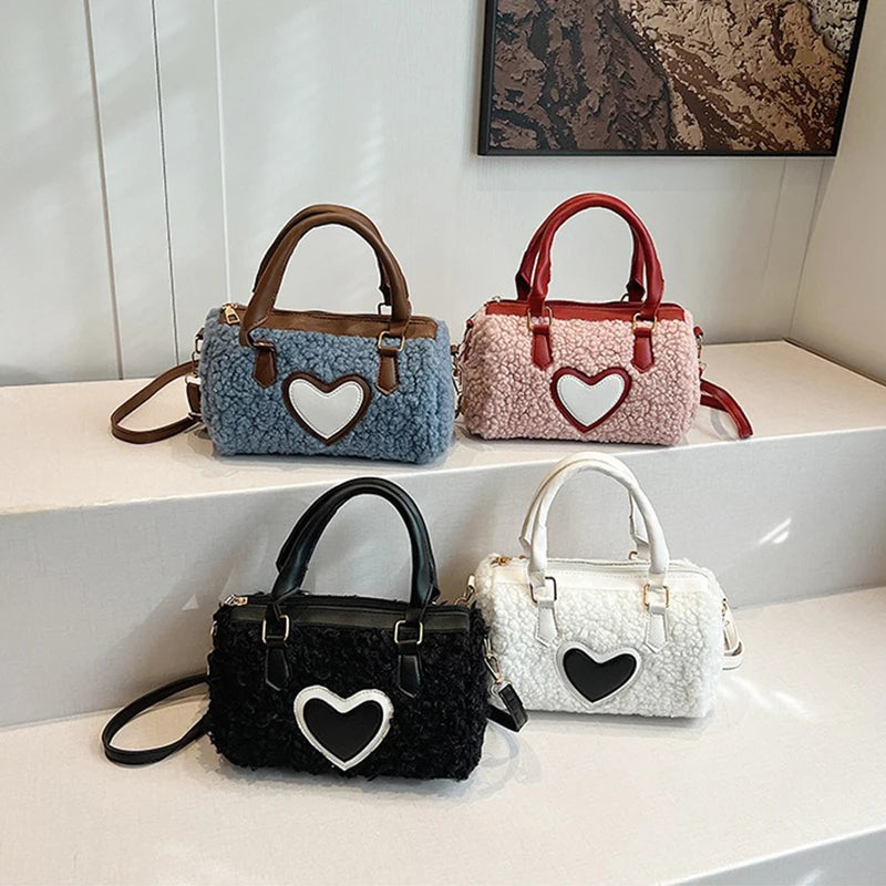 Lambswool Heart Splicing Plush Shoulder Bag - Women's Cylindrical Crossbody Handbag