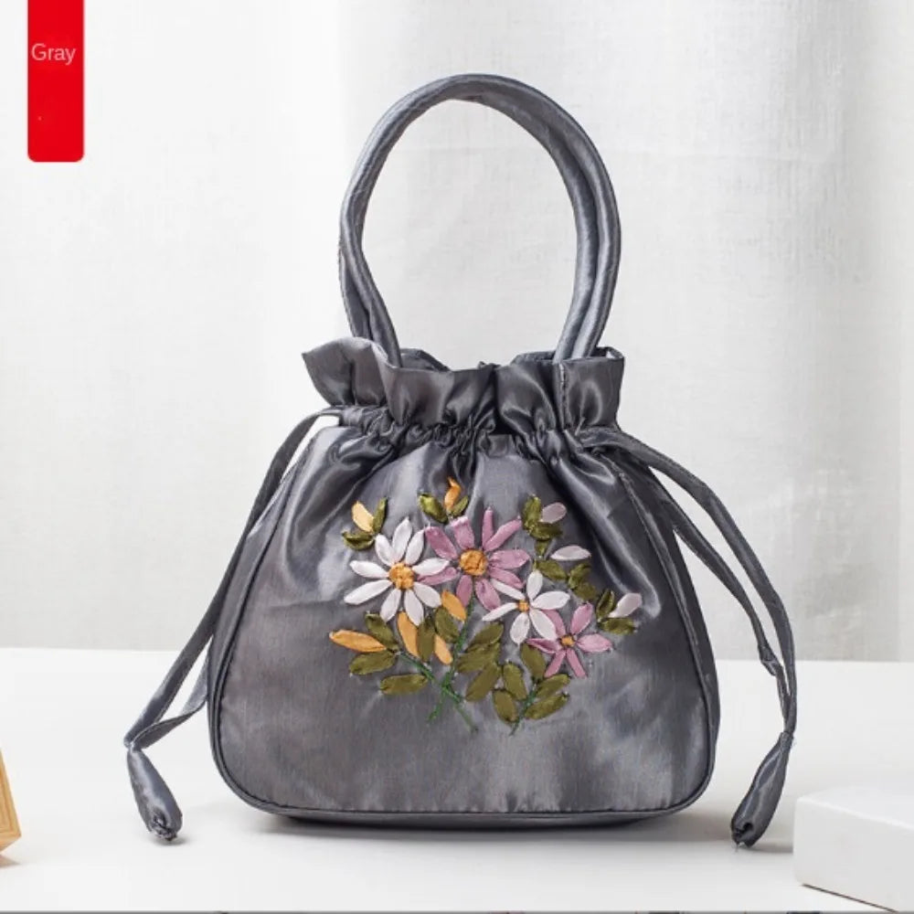 Mini Embroidered Flower Pattern Drawstring Bag Small Women Bucket Bag Top Handle Ladies Handbag Phone Bag Summer Purse