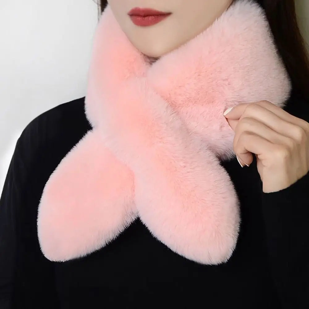 Women Girls Solid Color Cross Scarf Faux Rabbit Fur Plush Neck Scarf Thicken Shawl Neckerchief Wrap Winter Warm Neck Warmer