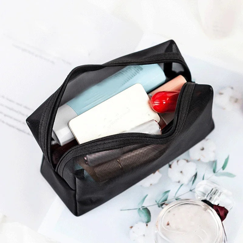 Women Necessary Cosmetic Bag Fashion Black Mesh Transparent Travel Organizer Large Capacity Toiletry Bags Portable Makeup Pouch