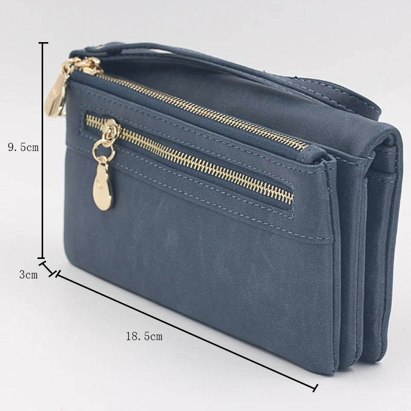 Large Capacity Women's Dull Polish Leather Wallet Double Zipper Clutch Wristlet Purse Phone Coin Card Holder Multi-pocket Wallet