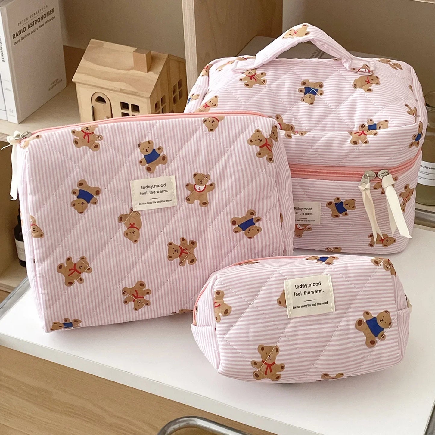 Cute Small Bear Cotton Makeup Bag Women Zipper Cosmetic Organizer Female Cloth Handbag Portable Toiletry Case for Girls