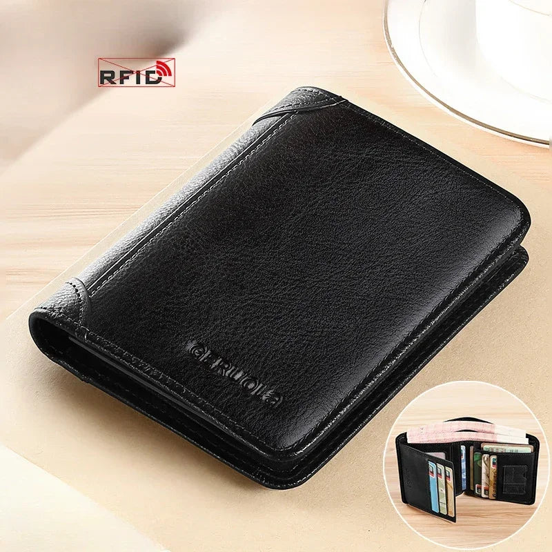 Men Wallet Genuine Leather Rfid Blocking Trifold Wallet Vintage Thin Short Multi Function ID Credit Card Holder Male Purse Money