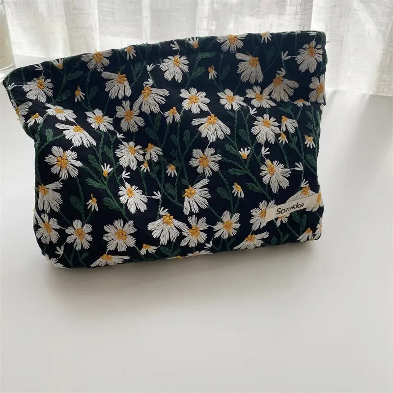 Fashion Retro Flowers Print Cosmetic Bag Canvas Washing Bag Large Capacity Women Travel Cosmetic Pouch Make Up Storage Bags