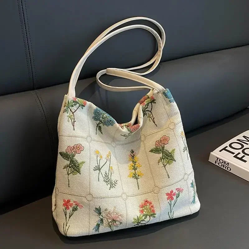 Large Embroidered Canvas Tote Bag - Trendy Summer Shoulder Bag