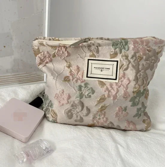 Fashion Retro Flowers Print Cosmetic Bag Canvas Washing Bag Large Capacity Women Travel Cosmetic Pouch Make Up Storage Bags