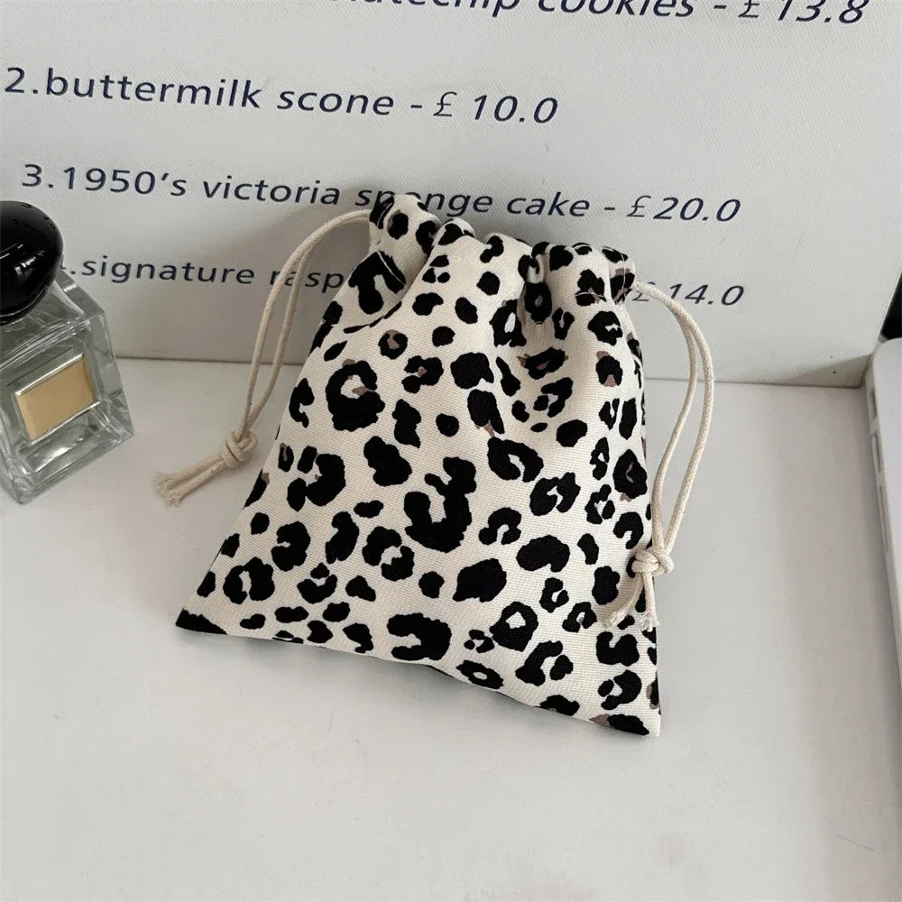 Leopard Print Drawstring Cosmetic Bags Fashion Girl Coin Bags Purse Keys Earphone Lipstick Toiletry Makeup Organizer Pocket Bags