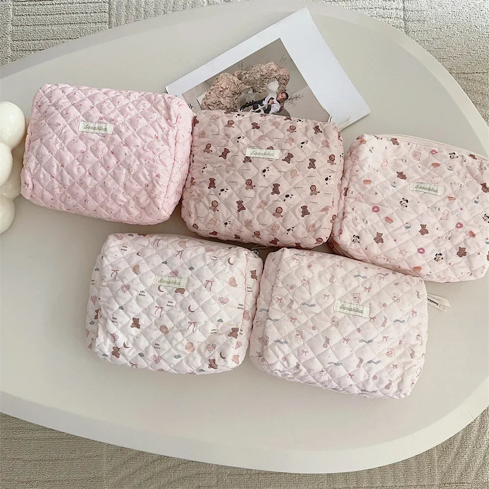 Cute Pink Women's Cosmetic Bag Make Up Case Cotton Travel Storage Bags Portable Wash Makeup Bag Large Clutch Purse Handbags