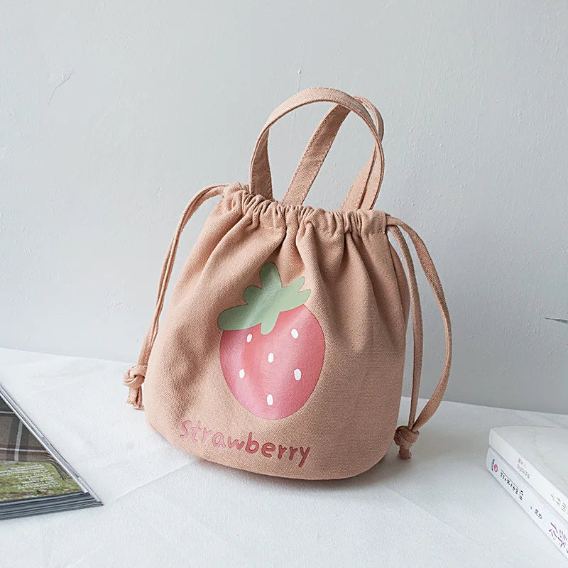 Strawberry Canvas Drawstring Lunch Bag Tote