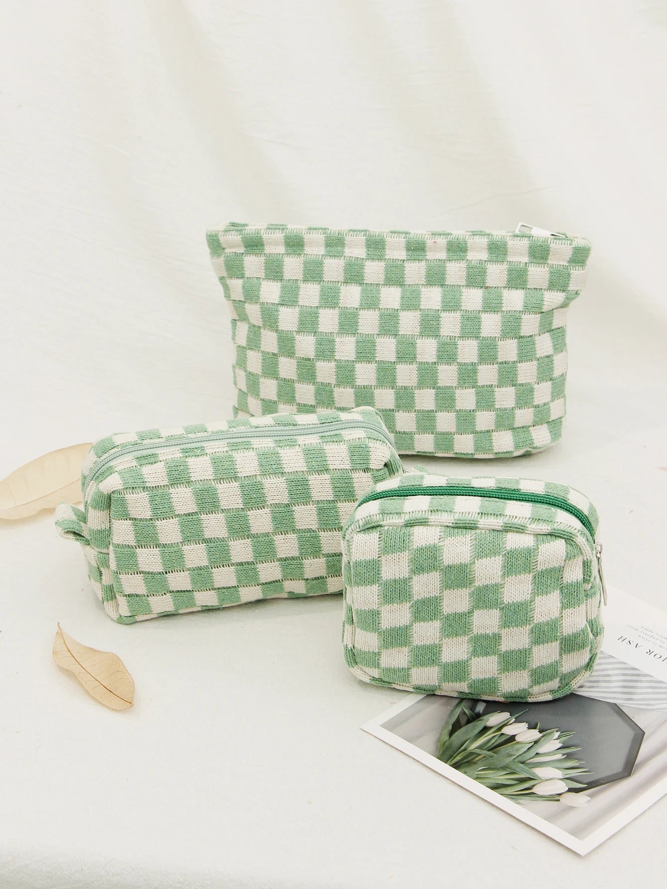 Checkerboard Cosmetic Bag Knitted Toiletry Storage Bag Colorful Makeup Pouch Organizer Checkered Pattern Cosmetic Bag