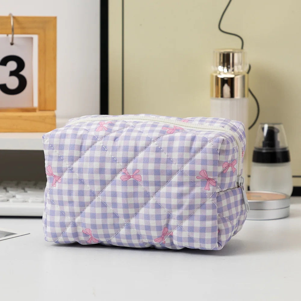 Women's Cosmetic Bags Bow Cute Cotton Makeup Bag Women Zipper Cosmetic Organizer Portable Toiletry Handbag