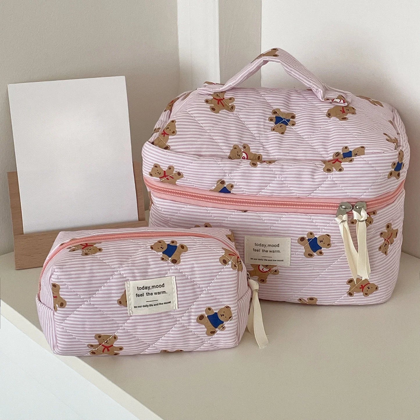 Cute Small Bear Cotton Makeup Bag Women Zipper Cosmetic Organizer Female Cloth Handbag Portable Toiletry Case for Girls