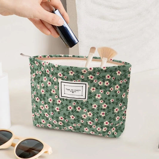 Korean Floral Embroidery Women Cosmetic Bag Pouch Corduroy Canvas Beauty Makeup Case Organizer Pencil Case Travel Toiletry Bag