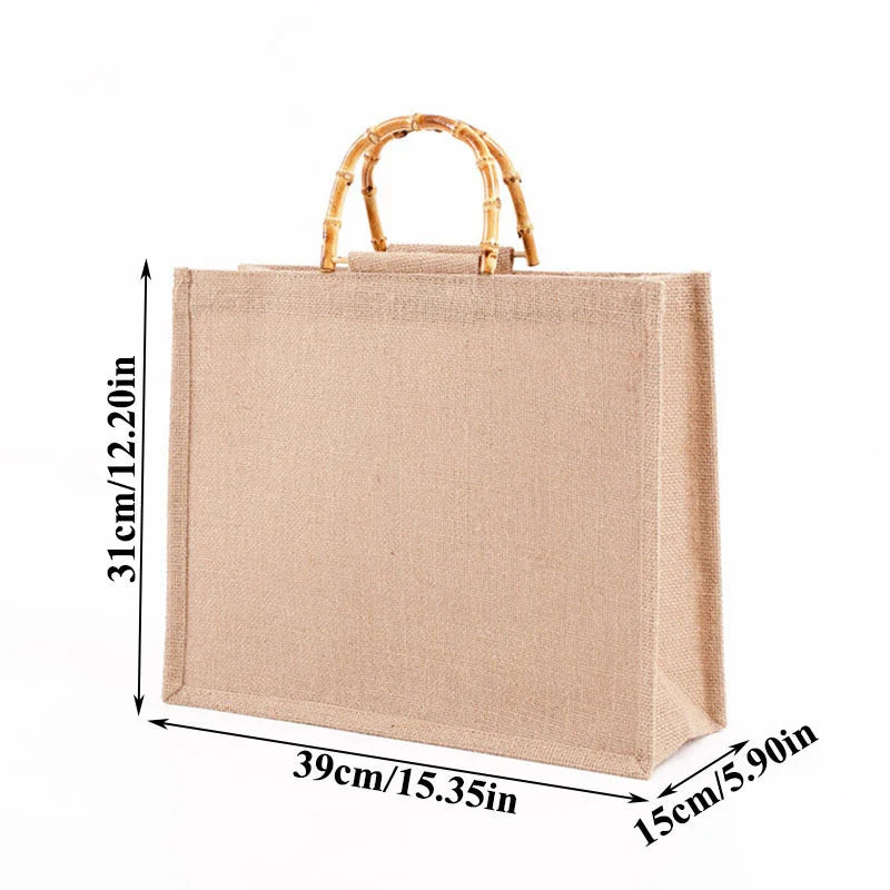 Portable Jute Shopping Bag with Bamboo Handles - Large Capacity Beach Tote