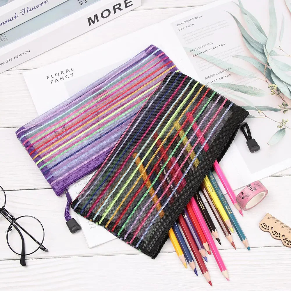 Fashion Zipper Pencil Case Solid Color Mesh Pen Bag Cosmetic Storage Rainbow Color Cosmetic Handbags Coin Purse Stationery