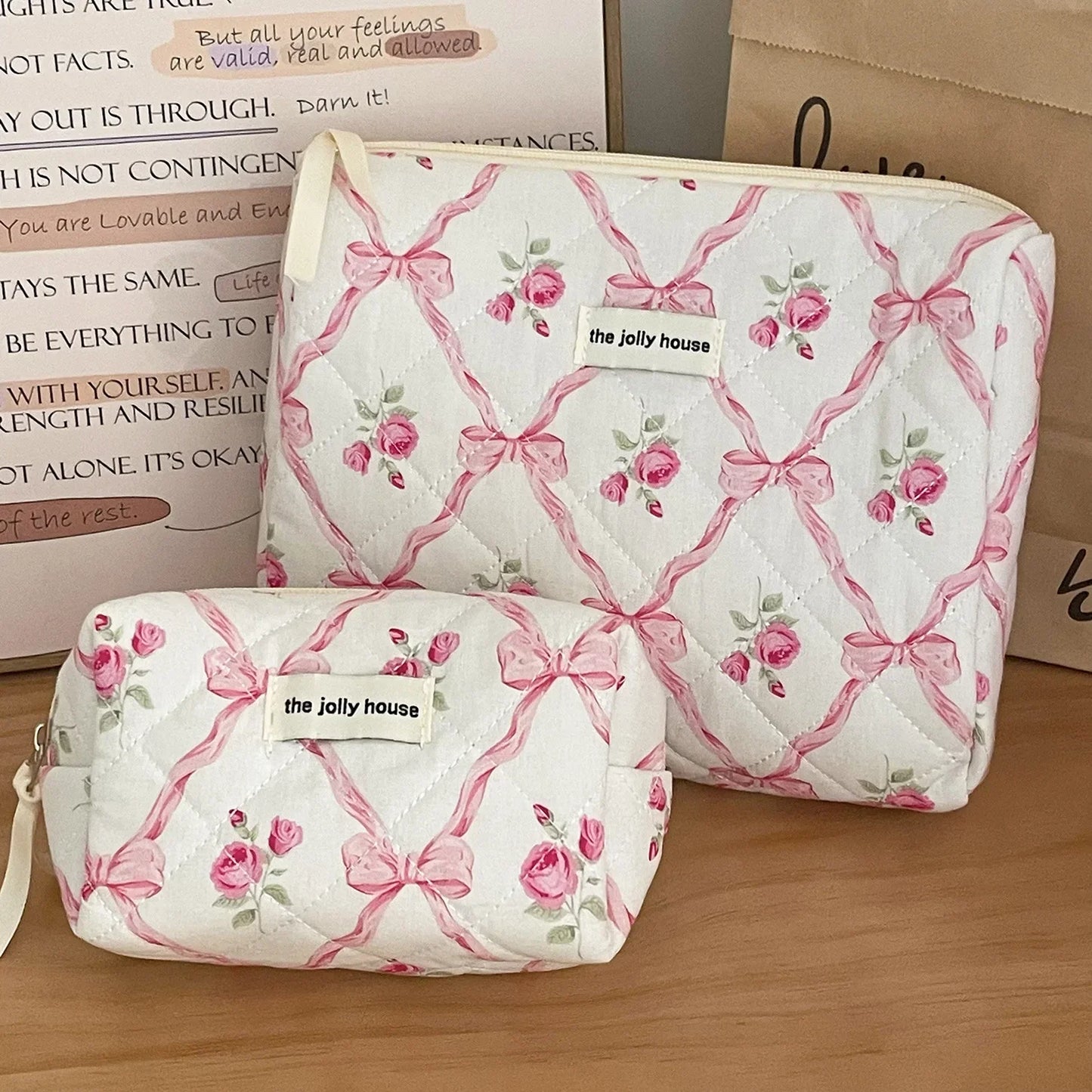 Cute Bow Flower Quilting Cotton Makeup Bag Women Zipper Cosmetic Organizer Female Cloth Handbag Portable Toiletry Case for Girls