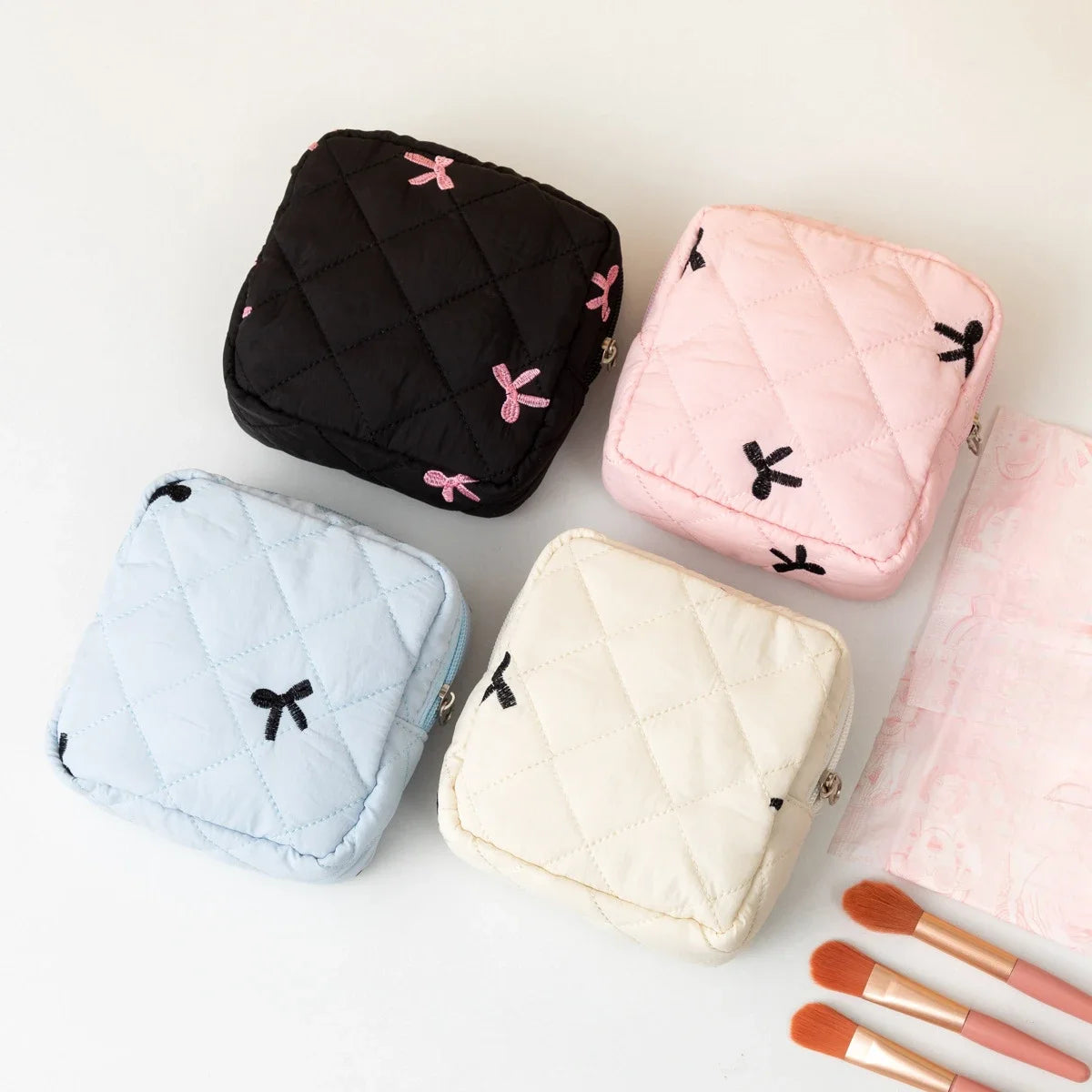 Candy Color Bow Canvas Lipstick Cosmetic Bag Cute Women's Makeup Bag Large Capacity Sanitary Napkins Storage Bag Tampon Pouch