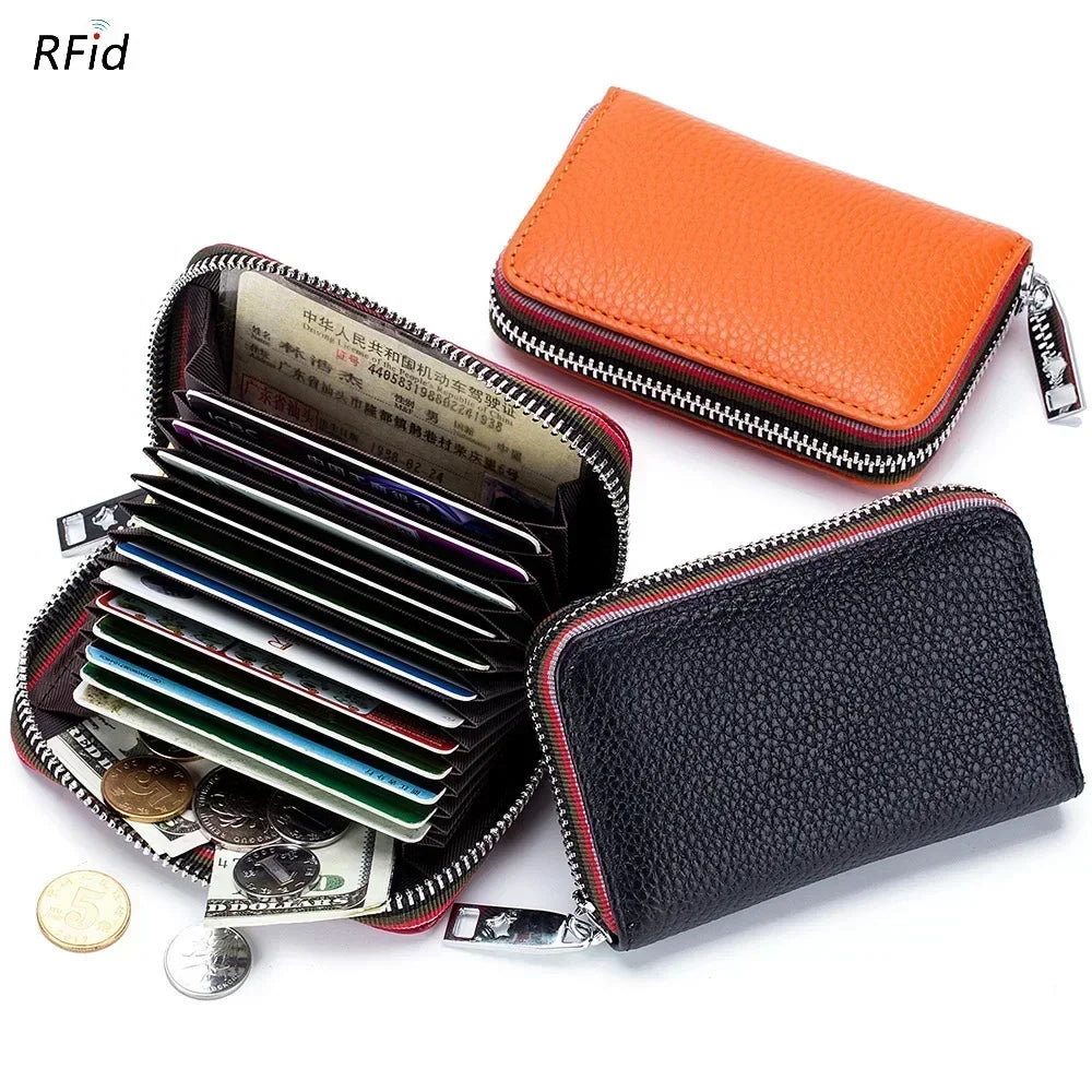 Genuine Leather Men Women Card Holder Small Zipper Wallet Solid Coin Purse Accordion Design Rfid ID Business Credit Card Bags