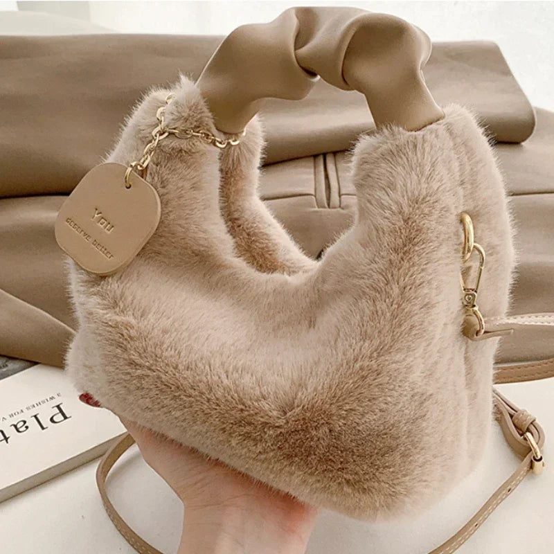 Women's Faux Fur Plush Handbag - Ruched Handle Shoulder Crossbody Tote