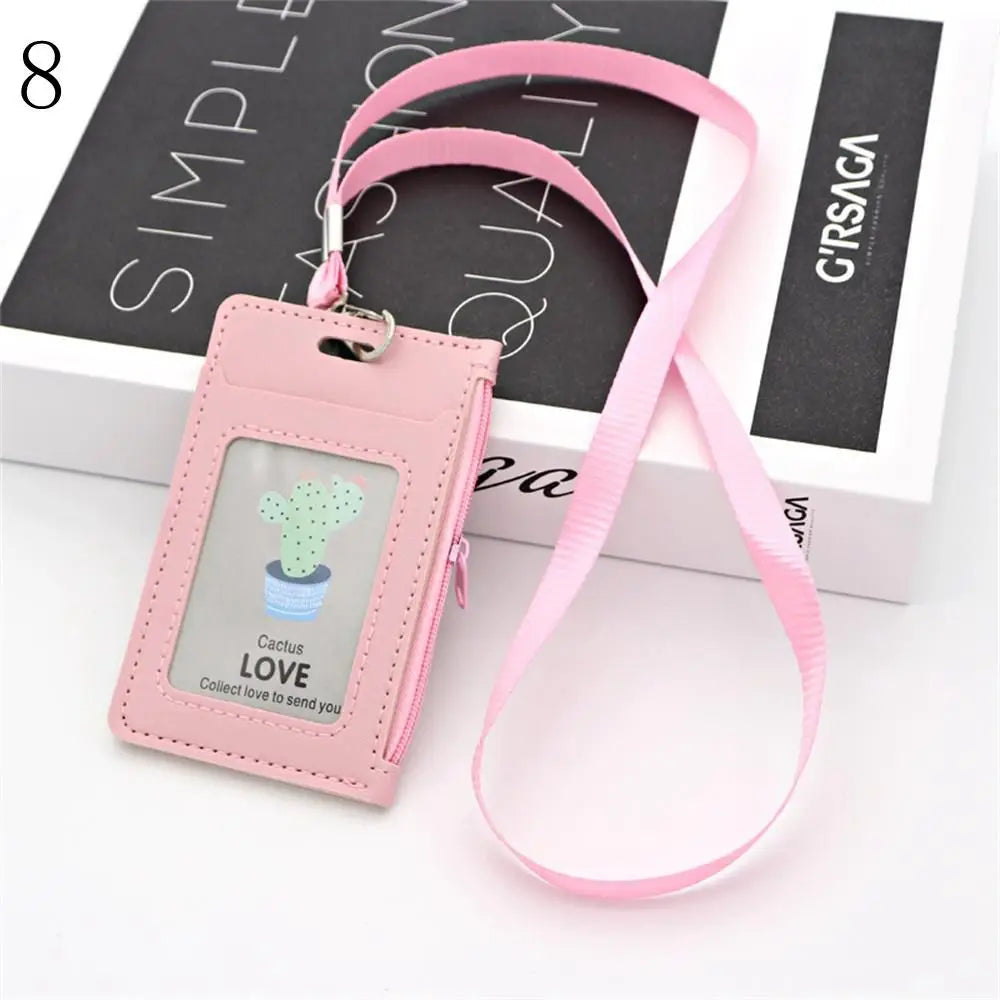 Fashion ID Badge Card Holder Colorful Leather Business Card Case Cover with Neck Lanyard Coin Purse Zipper Bag Wallets