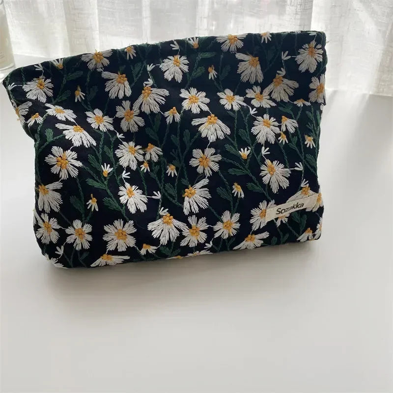 Fashion Flowers Print Cosmetic Bag Canvas Washing Bag Large Capacity Women Travel Cosmetic Pouch Make Up Storage Bags