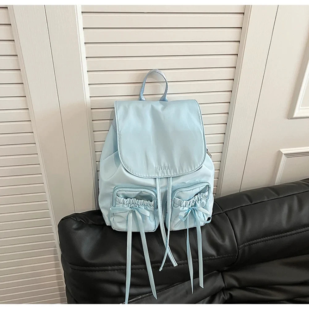 Solid Color Nylon Backpack Women Bow Ribbon Large Capacity Casual Schoolbag