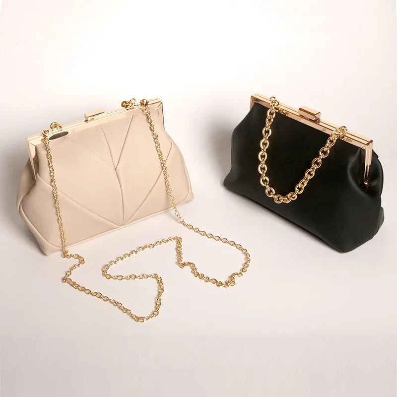 Women's Metal Buckle PU Leather Clutch Bag with Chain