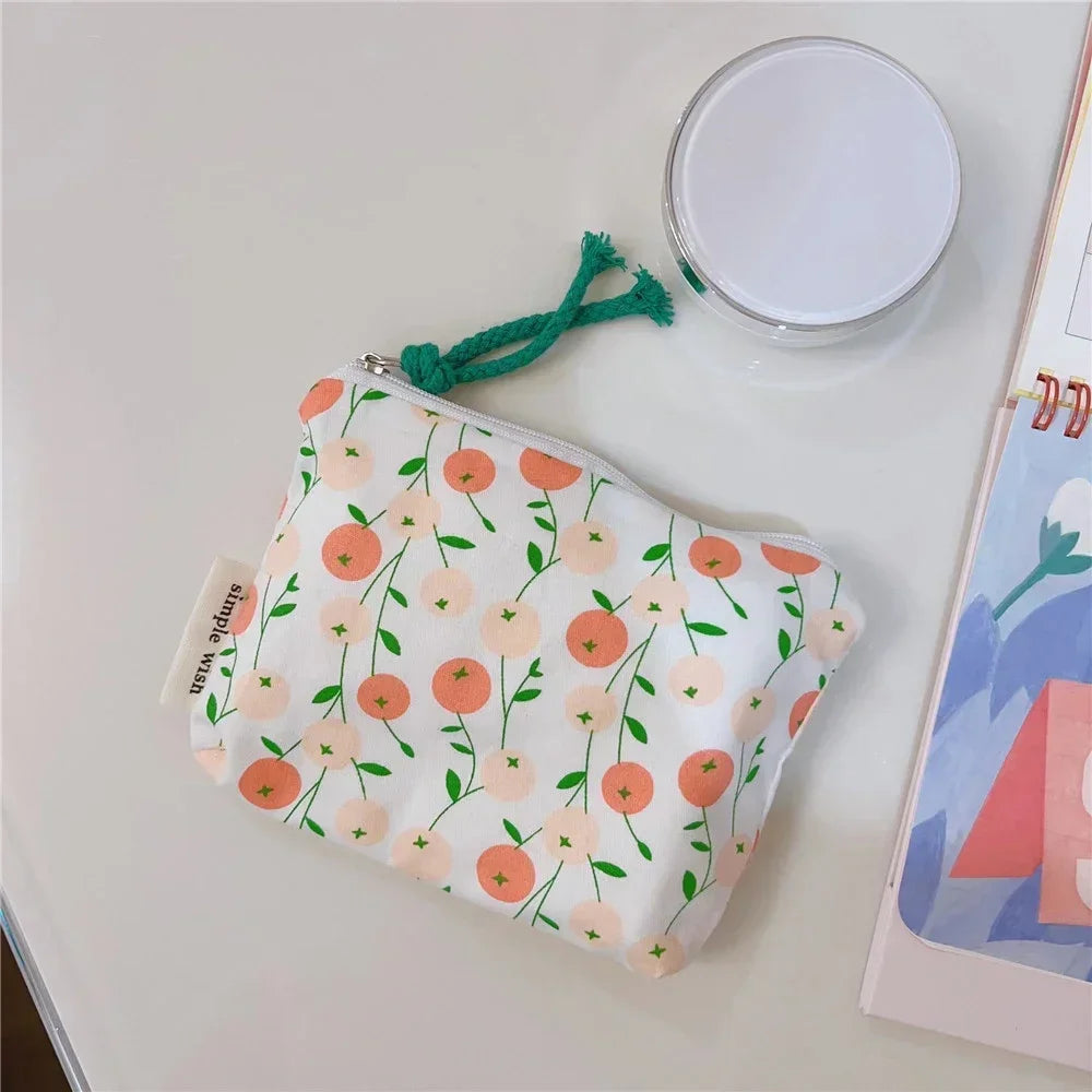 Fresh Pink Floral Cotton Cosmetic Bag Cute Mini Makeup Case for Lipstick Coin Purse card case and Earphone Storage