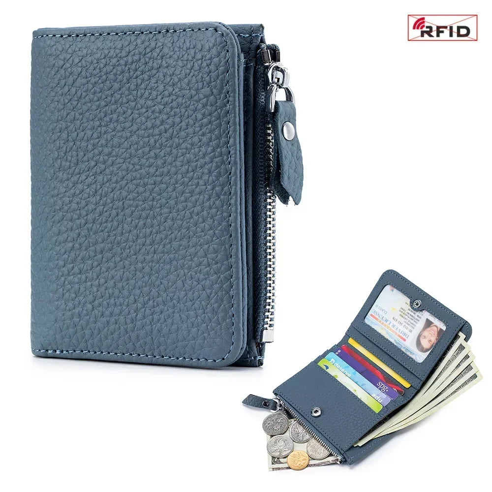 Genuine Leather RFID Short Wallets Card Holder Bag Portable Cowhide Small Zipper Money Coin Purse for Men Women Earphone Pouch