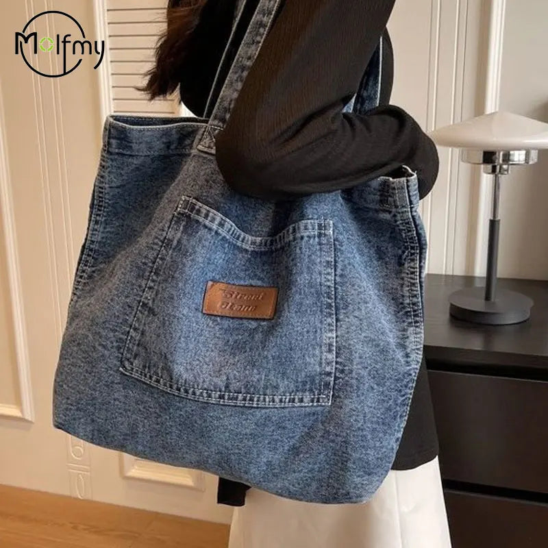 Denim Luxury Designer Tote Clutch Solid Color Female Handbag