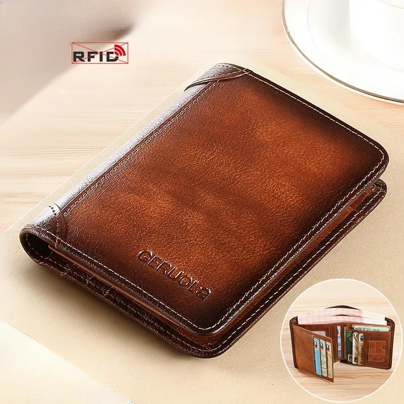 Men Wallet Genuine Leather Rfid Blocking Trifold Wallet Vintage Thin Short Multi Function ID Credit Card Holder Male Purse Money