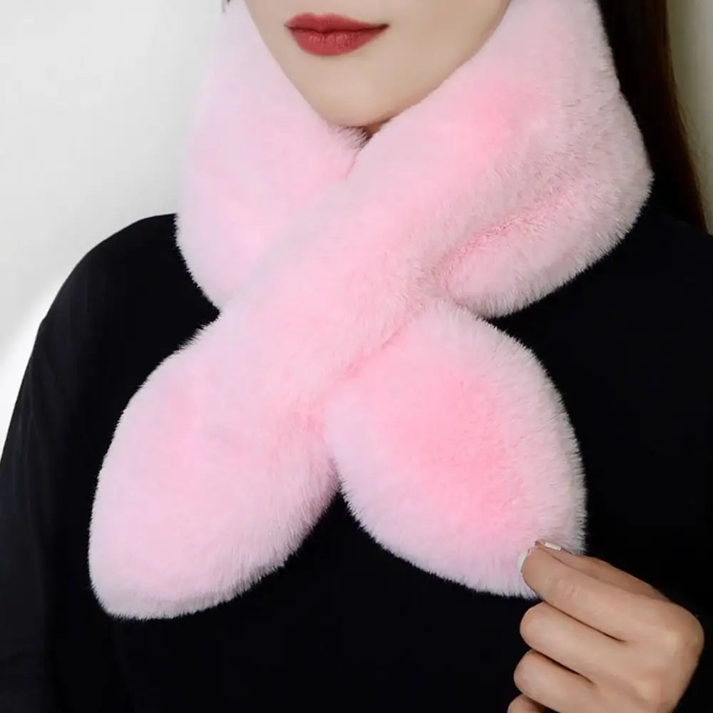 Women Girls Solid Color Cross Scarf Faux Rabbit Fur Plush Neck Scarf Thicken Shawl Neckerchief Wrap Winter Warm Neck Warmer