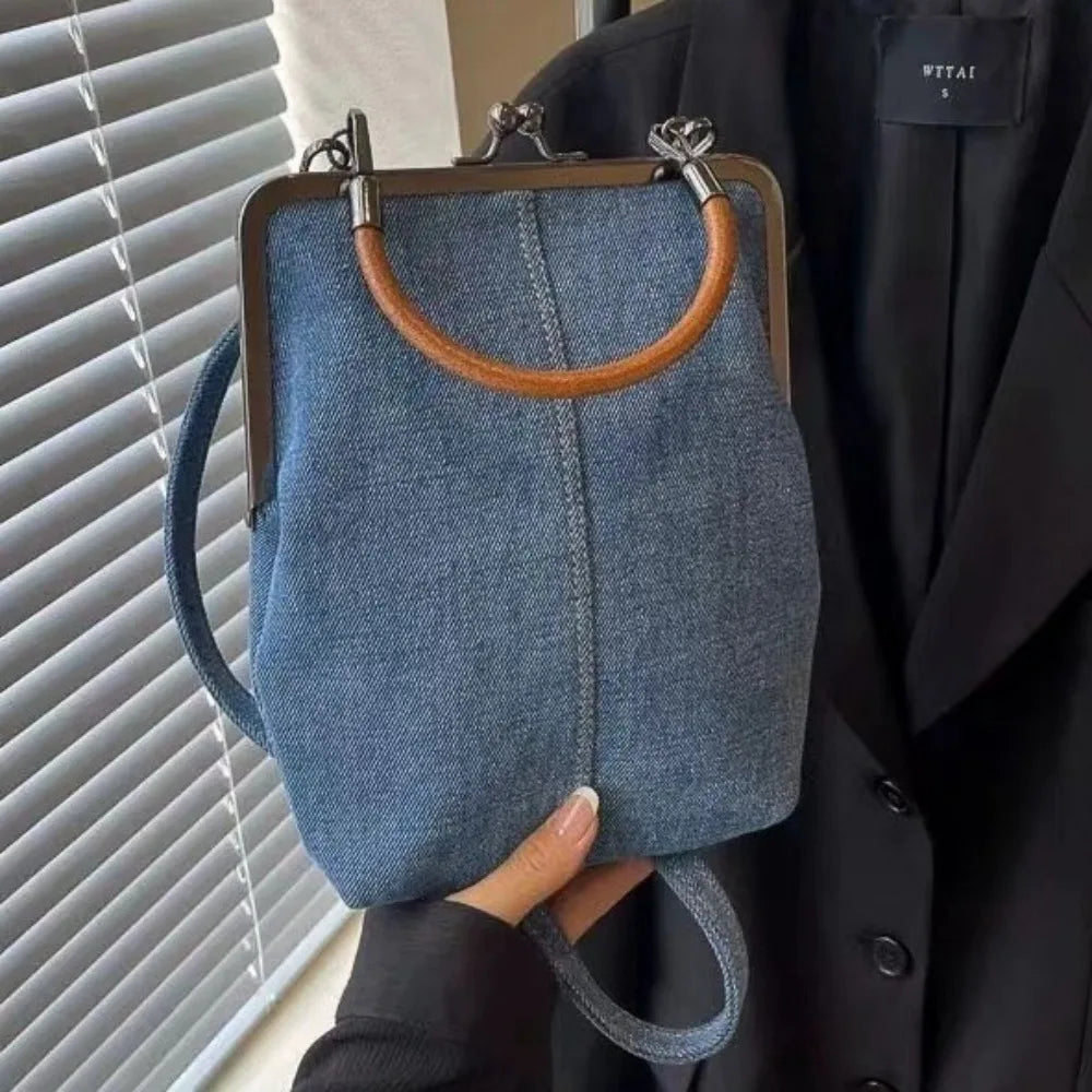 Vintage Navy Blue Denim Crossbody Bag - Women's Fashion Purse