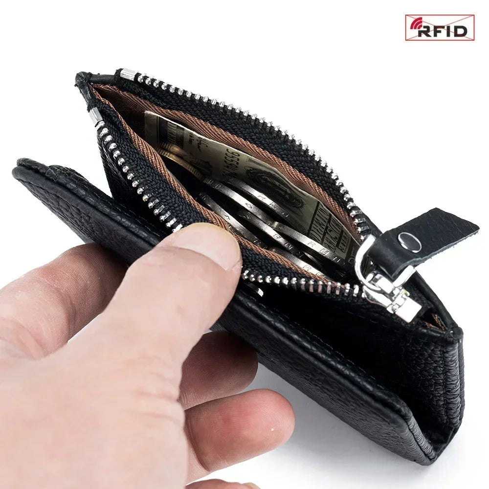 Genuine Leather RFID Short Wallets Card Holder Bag Portable Cowhide Small Zipper Money Coin Purse for Men Women Earphone Pouch