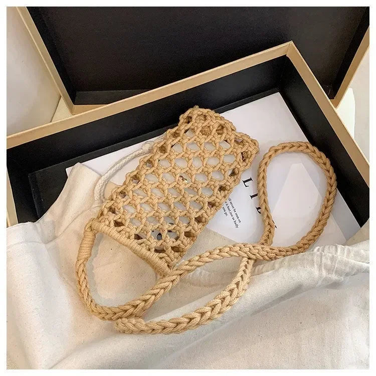 Women Fashion Small Crossbody Phone Bag Solid Color Hollow-out Woven Crochet Lightweight Braided Shoulder Handbag Crossbody Bags