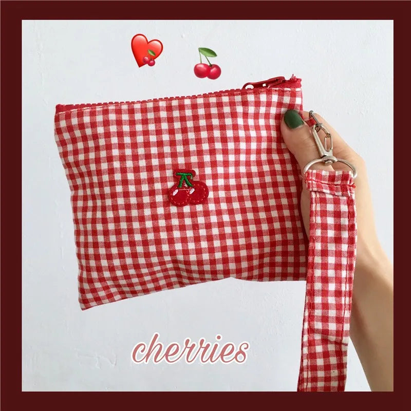 Cherry Embroidered Plaid Canvas Cosmetic Bag with Waist Strap