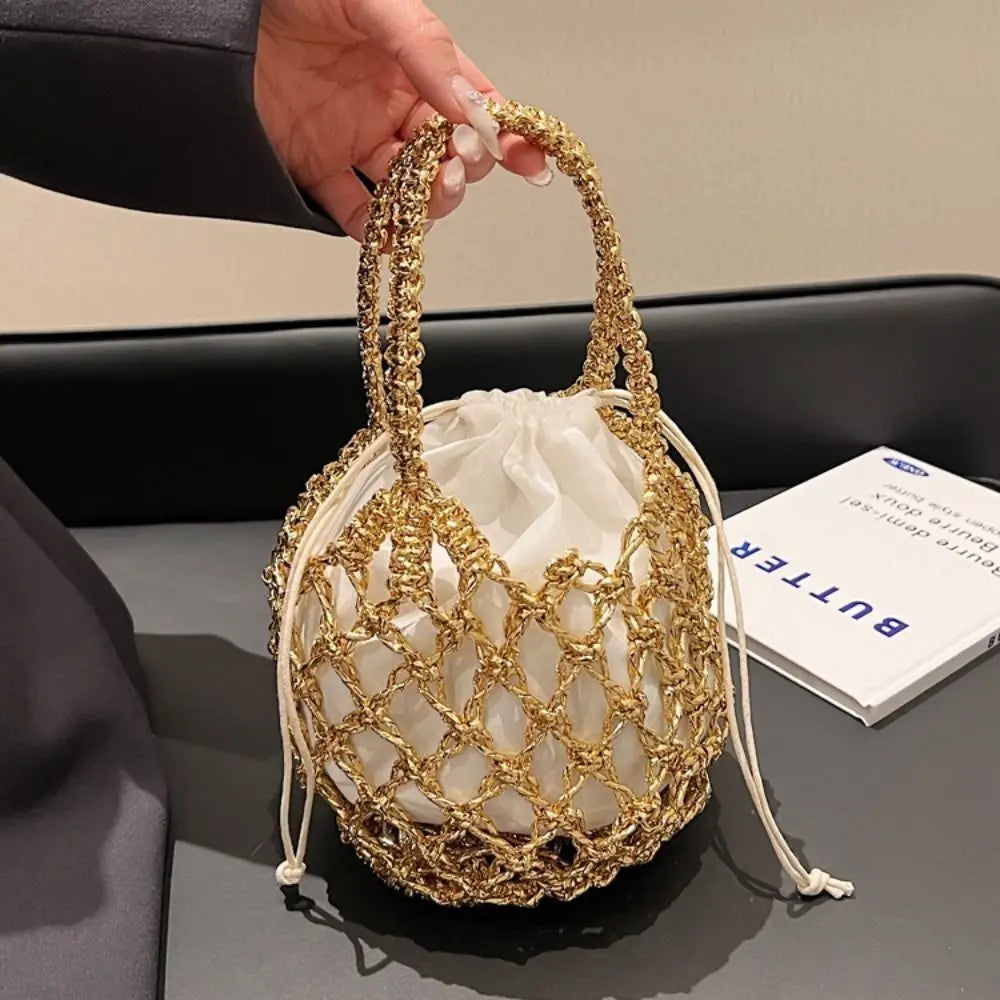 Fashion Portable Large Capacity Storage Bag Woven Bag Drawstring Bag Weave Bucket Bag Simple Beach Bag Women Girls Handbag