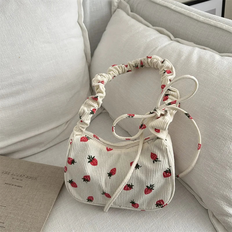 Strawberry Print Corduroy Underarm Bag - Cute Mini Tote Shoulder Handbag