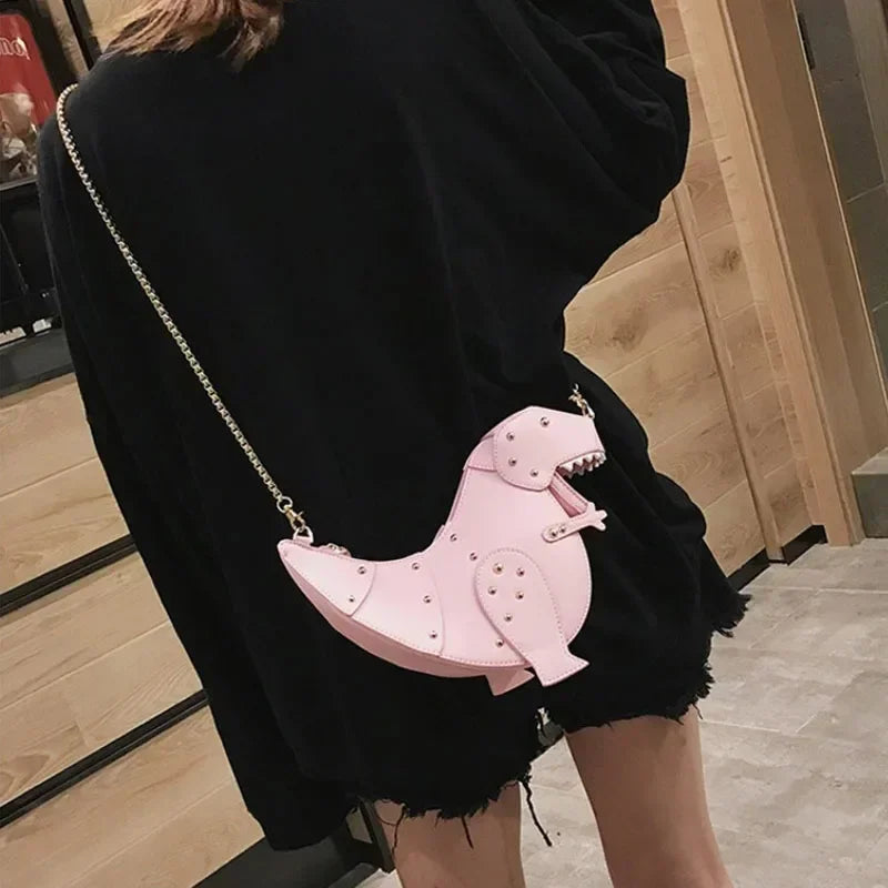 Trend Fashion 3D Dinosaur Design Rivets Pu Leather Girl's Chain Purse Shoulder Bag Tote Ladies Crossbody Mini Messenger Bag Flap