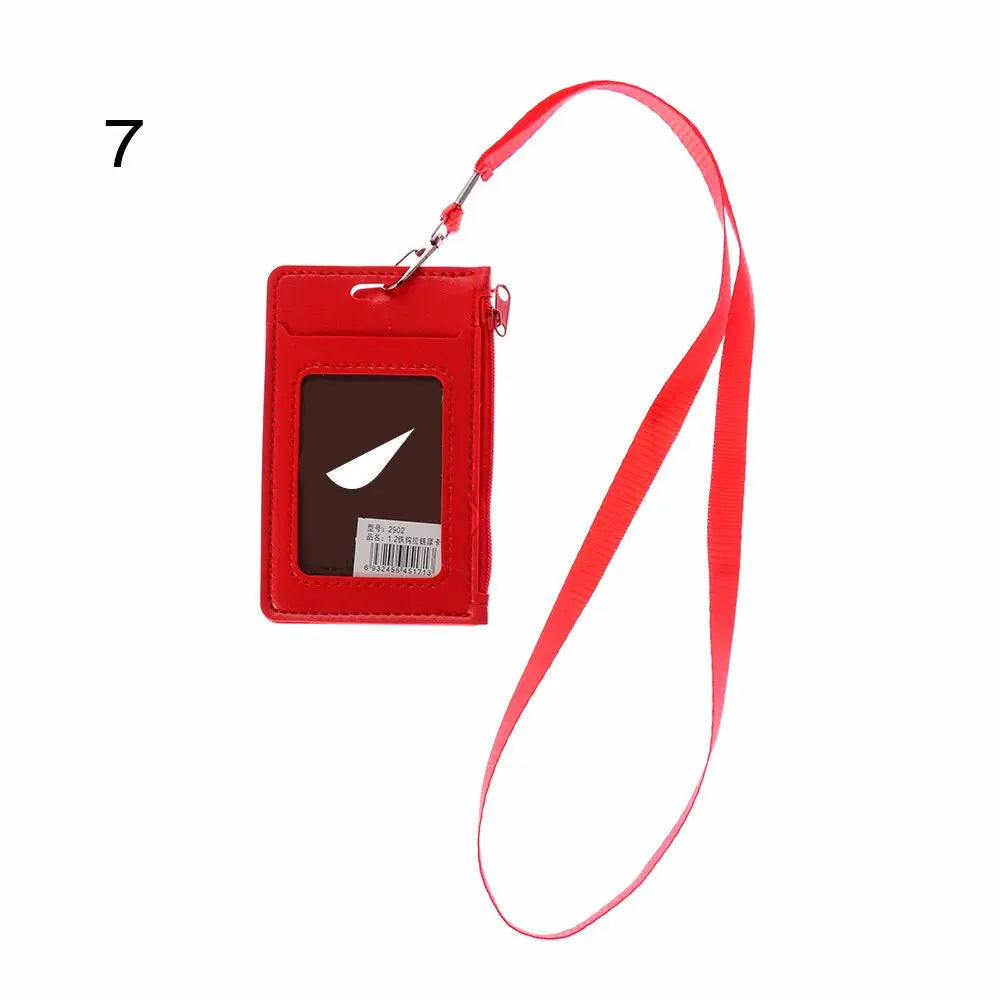 Fashion ID Badge Card Holder Colorful Leather Business Card Case Cover with Neck Lanyard Coin Purse Zipper Bag Wallets