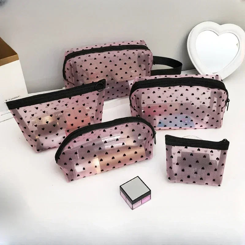 Love Print Mesh Cosmetic Bag Portable Toiletry Organizer Makeup Bag Multifunction Transparent Women Lipstick Storage Pouch