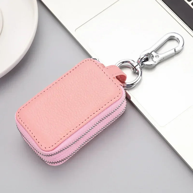 Double-layer Zipper Car Key Bag Lychee Pattern Top Layer Cowhide Key Bag Genuine Leather Key Chain Large Capacity Unisex KeysBag