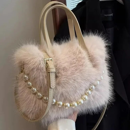 Faux Fur Crossbody Bag with Pearl Chain, Women's Handbag, Gift Idea