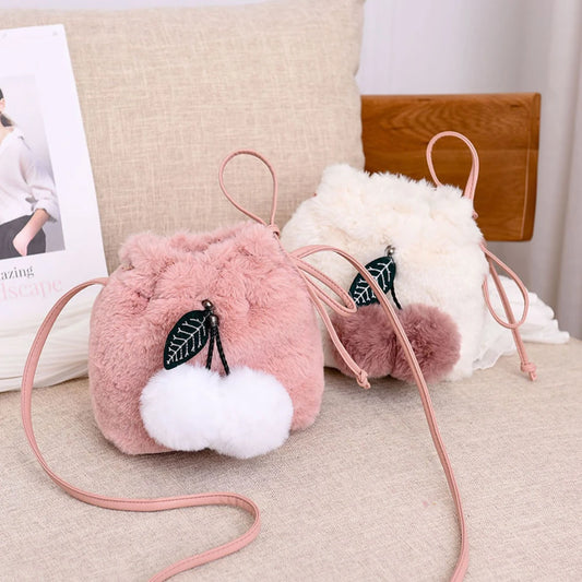 Cute Plush Cherry Pendant Faux Fur Crossbody Bag - Mini Drawstring Bucket Bag