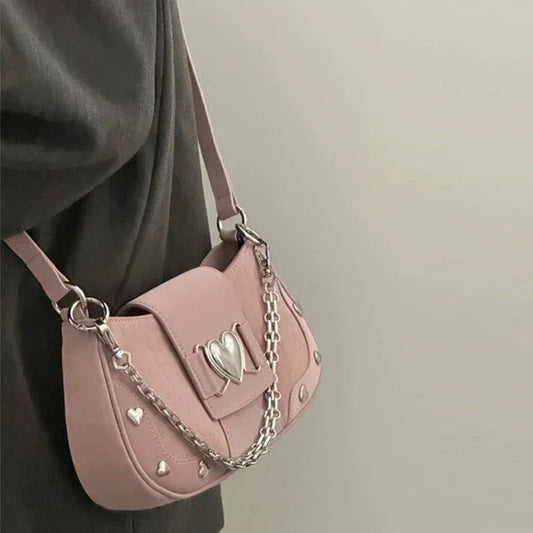 Y2K Pink Heart Chain Vintage Shoulder Bag