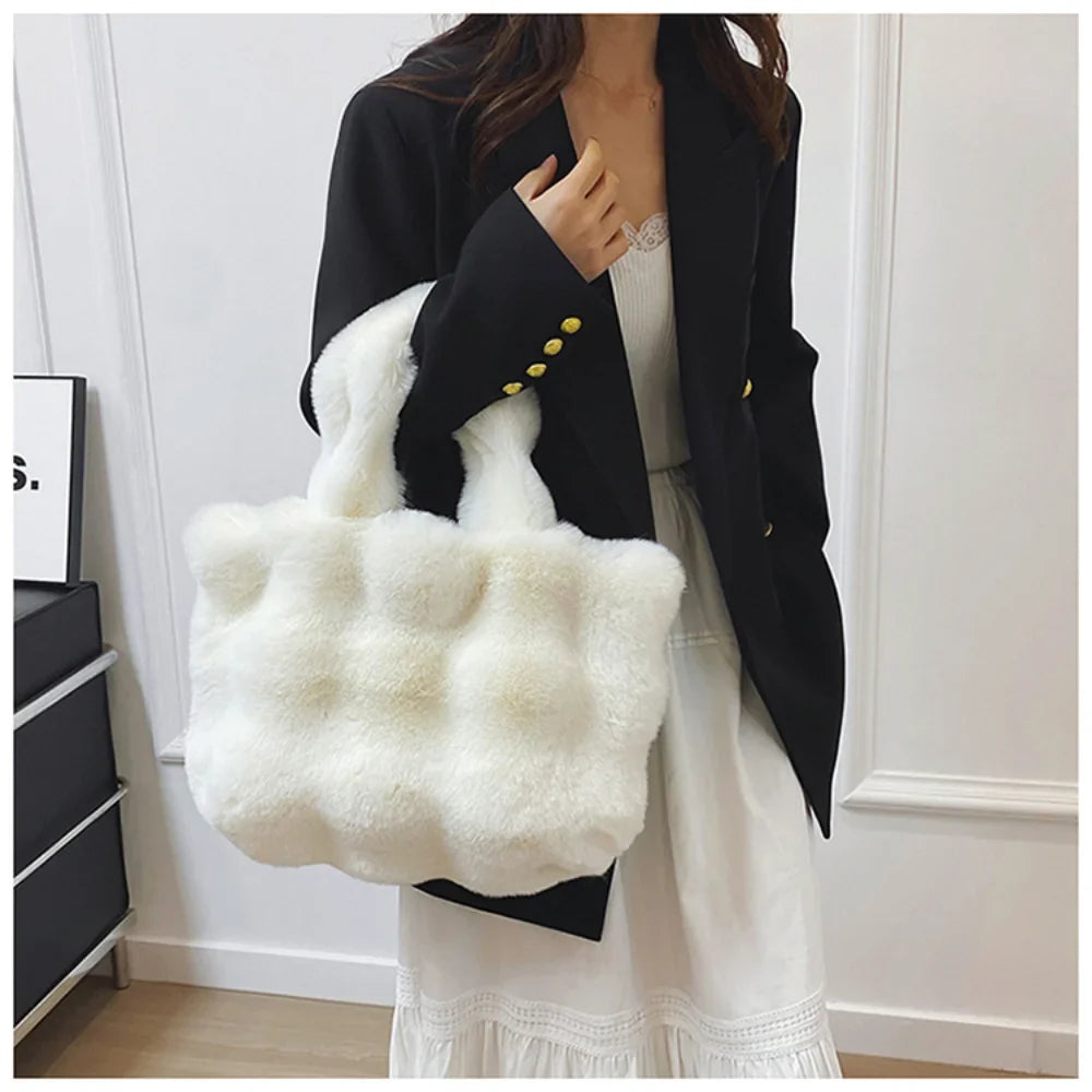 Women's Fluffy Shoulder Bag Plush Tote Solid Color Handbag