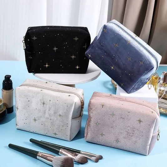 High Quality Portable Cosmetic Bag Soft Velvet Hot Stamping Star Pattern Make Up Storage Bag with Zipper Beauty Case Pouch