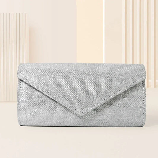 Silver Glitter Evening Clutch Bag with Chain